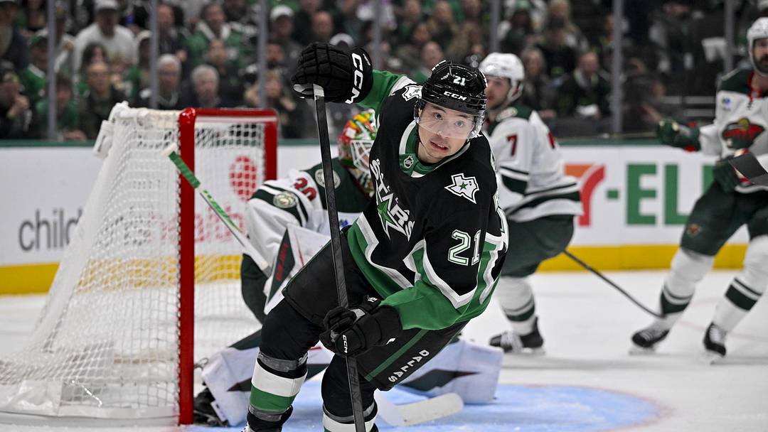 Apr 28, 2026; Dallas, Texas, USA; Dallas Stars left wing Jason Robertson (21) skates against the Minnesota Wild during the second period in game five of the first round of the 2026 Stanley Cup Playoffs at American Airlines Center. Mandatory Credit: Jerome Miron-Imagn Images