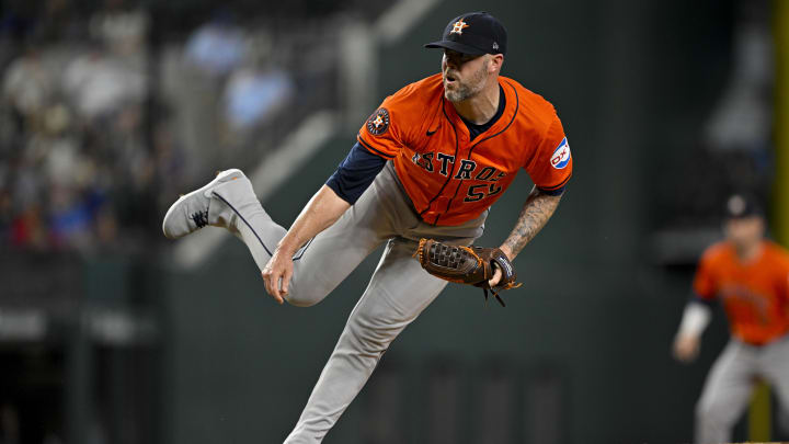 Houston Astros reliever Ryan Pressly throws during the game against the Texas Rangers on Aug. 7 at Globe Life Field.