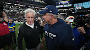 Dec 7, 2025; Paradise, Nevada, USA;  Las Vegas Raiders head coach Pete Carroll and Denver Broncos head coach Sean Payton meet on the field following a game at Allegiant Stadium. Mandatory Credit: Kirby Lee-Imagn Images