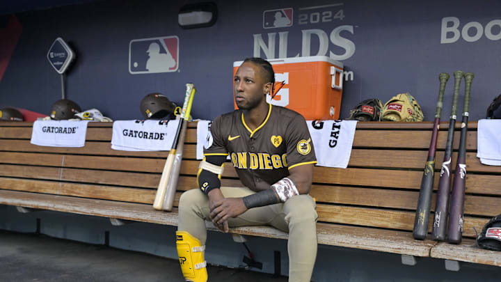 Oct 11, 2024; Los Angeles, California, USA; San Diego Padres outfielder Jurickson Profar (10) looks on before game five against the Los Angeles Dodgers in the NLDS for the 2024 MLB Playoffs at Dodger Stadium. Mandatory Credit: Jayne Kamin-Oncea-Imagn Images