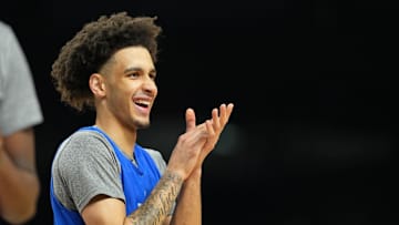 Apr 4, 2025; San Antonio, TX, USA; Duke Blue Devils guard Tyrese Proctor (5) during a practice session for the Final Four of the 2025 NCAA tournament at Alamodome. 