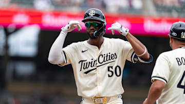 Jun 8, 2025; Minneapolis, Minnesota, USA; Minnesota Twins left fielder Willi Castro (50) reacts to hitting a single during the fifth inning against the Toronto Blue Jays at Target Field. Mandatory Credit: Jordan Johnson-Imagn Images