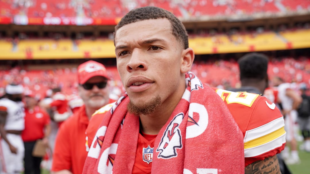 Kansas City Chiefs wide receiver Skyy Moore (24) leaves the field after a game against the Cleveland Browns at GEHA Field at Arrowhead Stadium.