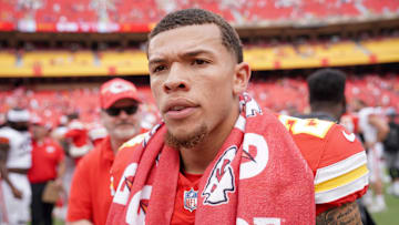 Kansas City Chiefs wide receiver Skyy Moore (24) leaves the field after a game against the Cleveland Browns at GEHA Field at Arrowhead Stadium.