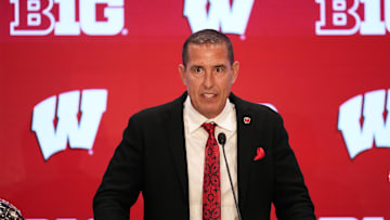 Jul 23, 2025; Las Vegas, NV, USA; Wisconsin head coach Luke Fickell speaks to the media during the Big Ten NCAA college football media days at Mandalay Bay Resort. Mandatory Credit: Lucas Peltier-Imagn Images