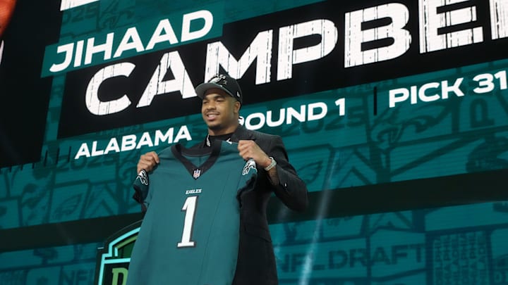 Apr 24, 2025; Green Bay, WI, USA; Alabama Crimson Tide linebacker Jihaad Campbell is selected by the Philadelphia Eagles as the number 31 pick in the first round of the 2025 NFL Draft at Lambeau Field. Mandatory Credit: Kirby Lee-Imagn Images Apr 24, 2025; Green Bay, WI, USA; Alabama Crimson Tide linebacker Jihaad Campbell is selected by the Philadelphia Eagles as the number 31 pick in the first round of the 2025 NFL Draft at Lambeau Field. Mandatory Credit: Kirby Lee-Imagn Images
