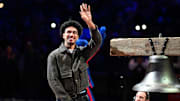 Philadelphia 76ers guard Jared McCain reacts before the game against the Denver Nuggets.