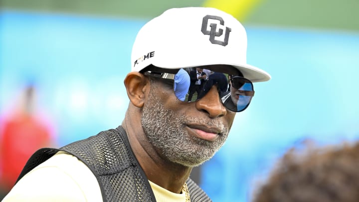 Mar 30, 2024; Arlington, TX, USA; Colorado Buffaloes football head coach Deion Sanders Mar 30, 2024; Arlington, TX, USA; Colorado Buffaloes football head coach Deion Sanders