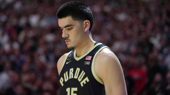 Apr 8, 2024; Glendale, AZ, USA; Purdue Boilermakers center Zach Edey (15) looks on during the national anthem before the national championship game of the Final Four of the 2024 NCAA Tournament between the Connecticut Huskies and the Purdue Boilermakers at State Farm Stadium. Mandatory Credit: Bob Donnan-USA TODAY Sports