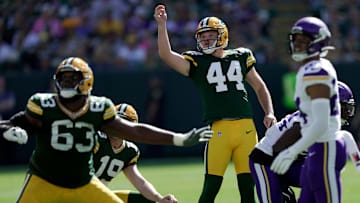 Green Bay Packers place kicker Brayden Narveson watches his missed field goal attempt during the second quarter of their game against the Minnesota Vikings Sunday, September 29, 2024 at Lambeau Field in Green Bay, Wisconsin.