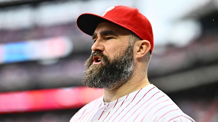 Mar 30, 2024; Philadelphia, Pennsylvania, USA; Former Philadelphia Eagle Jason Kelce reacts before the game between the Philadelphia Phillies and Atlanta Braves at Citizens Bank Park. Mandatory Credit: Kyle Ross-Imagn Images