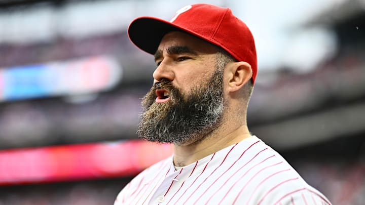 Mar 30, 2024; Philadelphia, Pennsylvania, USA; Former Philadelphia Eagle Jason Kelce reacts before the game between the Philadelphia Phillies and Atlanta Braves at Citizens Bank Park. 