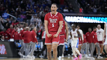 Mar 29, 2025; San Francisco, CA, USA; Texas Tech Red Raiders forward Darrion Williams (5) reacts during the second half against the Florida Gators during the West Regional final of the 2025 NCAA tournament at Chase Center. Mandatory Credit: Kyle Terada-Imagn Images