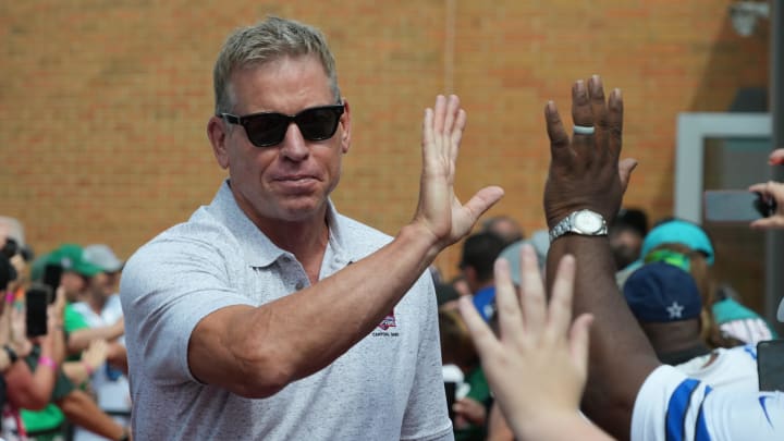 Aug 5, 2023; Canton, OH, USA;  Troy Aikman arrives on the red carpet for the 2023 Pro Football Hall of Fame Enshrinement at Tom Benson Hall of Fame Stadium. Mandatory Credit: Kirby Lee-USA TODAY Sports