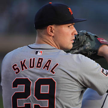 Sep 6, 2024; Oakland, California, USA; Detroit Tigers starting pitcher Tarik Skubal (29) warms up before the game against the Oakland Athletics at Oakland-Alameda County Coliseum. Mandatory Credit: Darren Yamashita-Imagn Images