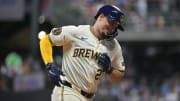 Jul 29, 2024; Milwaukee, Wisconsin, USA; Milwaukee Brewers shortstop Willy Adames (27) rounds the bases after hitting a home run against the Atlanta Braves in the sixth inning at American Family Field. 