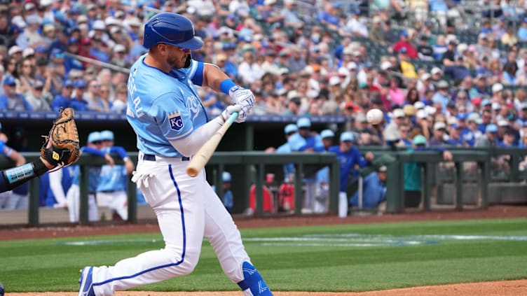 Mar 6, 2024; Surprise, Arizona, USA; Kansas City Royals designated hitter Mike Brosseau bats against the Seattle Mariners during the third inning at Surprise Stadium. Mandatory Credit: Joe Camporeale-USA TODAY Sports