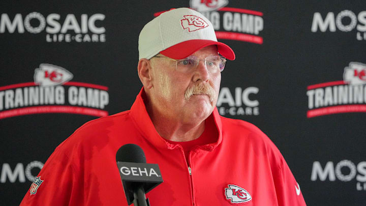 Jul 26, 2024; Kansas City, MO, USA; Kansas City Chiefs head coach Andy Reid speaks to the media after training camp at Missouri Western State University. Mandatory Credit: Denny Medley-USA TODAY Sports