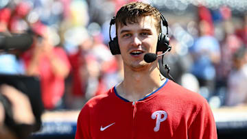May 18, 2025; Philadelphia, Pennsylvania, USA; Philadelphia Phillies starting pitcher Mick Abel (40) reacts during an interview after the game against the Pittsburgh Pirates at Citizens Bank Park