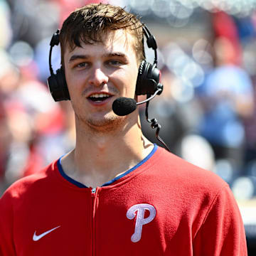 May 18, 2025; Philadelphia, Pennsylvania, USA; Philadelphia Phillies starting pitcher Mick Abel (40) reacts during an interview after the game against the Pittsburgh Pirates at Citizens Bank Park