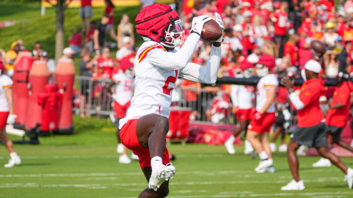 Jul 22, 2024; St. Joseph, MO, USA; Kansas City Chiefs cornerback Joshua Williams (2) catches a pass during training camp at Missouri Western State University. Mandatory Credit: Denny Medley-USA TODAY Sports