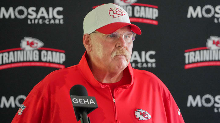 Jul 26, 2024; Kansas City, MO, USA; Kansas City Chiefs head coach Andy Reid speaks to the media after training camp at Missouri Western State University.