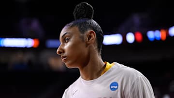 Mar 24, 2025; Los Angeles, California, USA; USC Trojans guard JuJu Watkins (12) during pregame warmups before an NCAA Tournament second round game against the Mississippi State Bulldogs at Galen Center. Mandatory Credit: Robert Hanashiro-Imagn Images