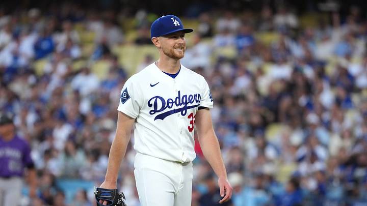 Jul 6, 2026; Los Angeles, California, USA; Los Angeles Dodgers pitcher Eric Lauer (33) reacts in the second inning against the Colorado Rockies at Dodger Stadium. Mandatory Credit: Kirby Lee-Imagn Images