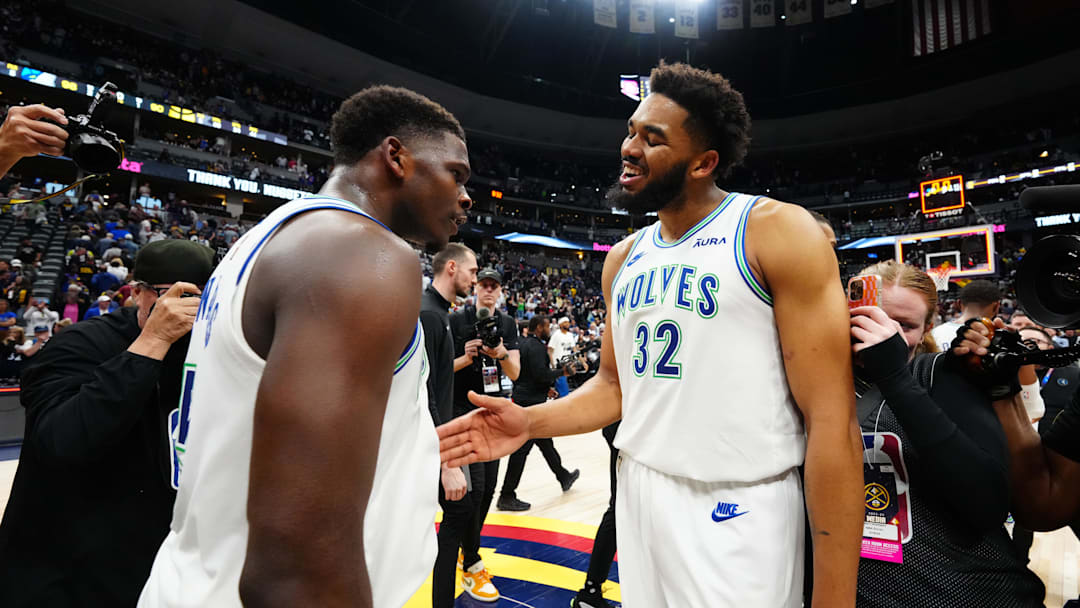 May 19, 2024; Denver, Colorado, USA; Minnesota Timberwolves guard Anthony Edwards (5) and center