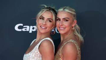 Jul 12, 2023; Los Angeles, CA, USA; Hanna Cavinder and Haley Cavinder arrive on the red carpet before the 2023 ESPYS at the Dolby Theatre. Mandatory Credit: Kirby Lee-USA TODAY Sports