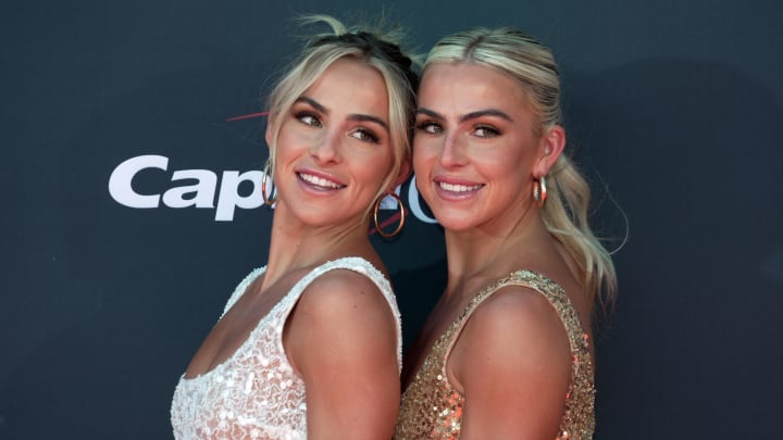 Los Angeles, CA, USA; Hanna Cavinder and Haley Cavinder arrive on the red carpet before the ESPYS at the Dolby Theatre. 