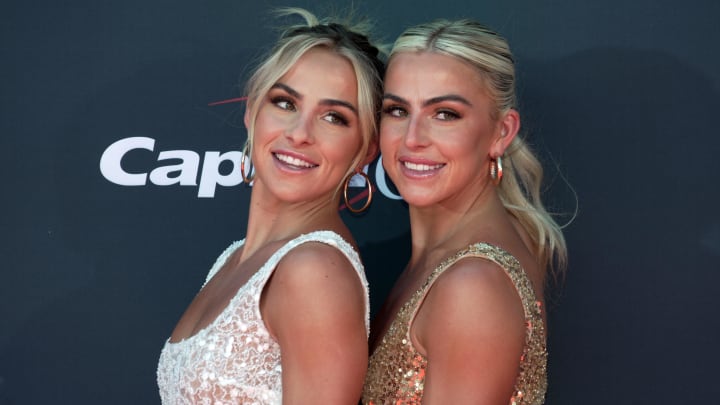 Jul 12, 2023; Hanna Cavinder and Haley Cavinder arrive on the red carpet before the 2023 ESPYS at the Dolby Theatre.