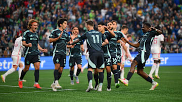 The Seattle Sounders FC celebrate after a penalty kick goal scored by Albert Rusnak (11) during the first half against the St. Louis City FC 
