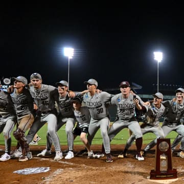 Jun 9, 2024; College Station, TX, USA; Texas A&M celebrates after sweeping Oregon in the Bryan-College Station Super Regional series at Olsen Field, Blue Bell Park Mandatory Credit: Maria Lysaker-USA TODAY Sports