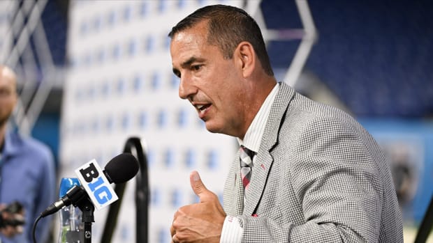 Wisconsin Badgers head coach Luke Fickell speaks to the media during the Big 10 football media day at Lucas Oil Stadium. 