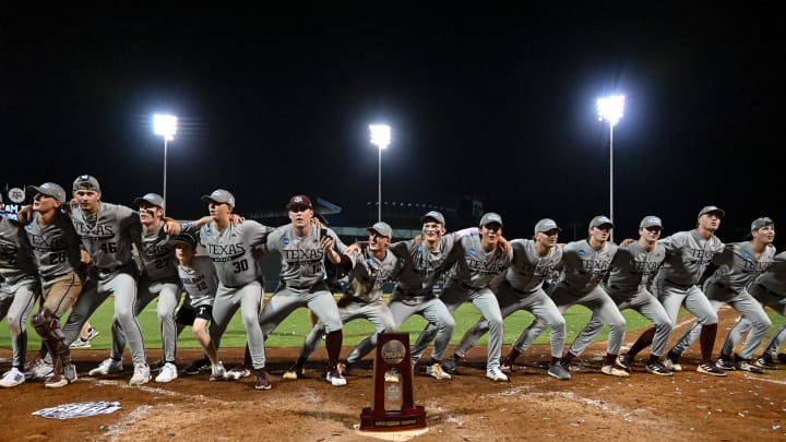 Jun 9, 2024; College Station, TX, USA; Texas A&M celebrates after sweeping Oregon in the Bryan-College Station Super Regional series at Olsen Field, Blue Bell Park Mandatory Credit: Maria Lysaker-USA TODAY Sports