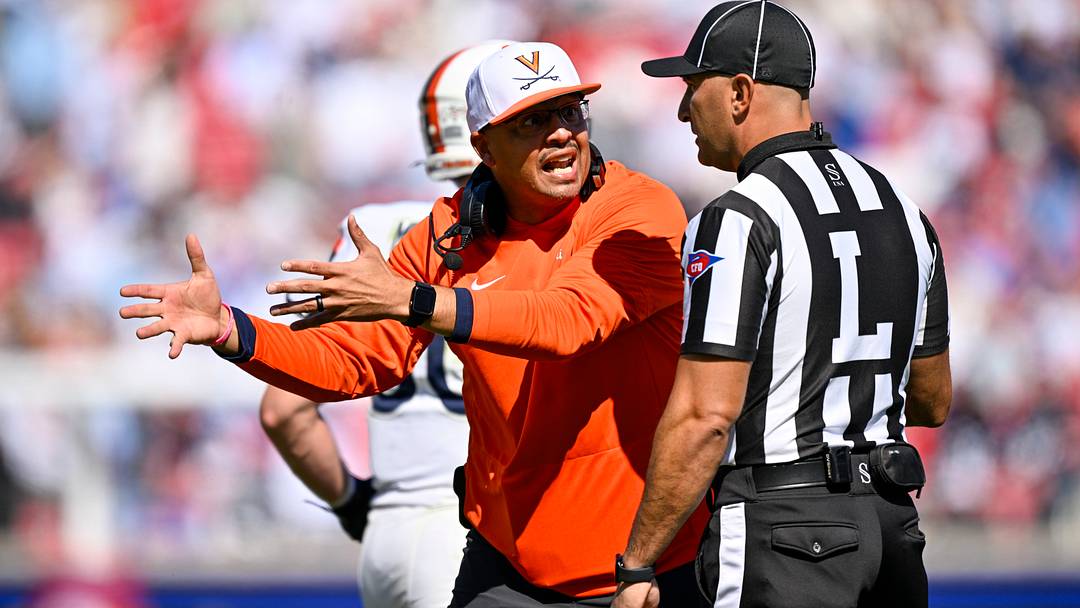 Oct 17, 2026; Dallas, Texas, USA; Virginia Cavaliers head coach Tony Elliott argues a call during the first half against the SMU Mustangs at Gerald J. Ford Stadium. Mandatory Credit: Jerome Miron-Imagn Images