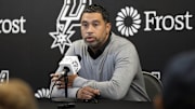Nov 13, 2024; San Antonio, Texas, USA; San Antonio Spurs general manager Brian Wright speaks with the media about the health and absence of head coach Gregg Popovich before a game against the Washington Wizards at Frost Bank Center.