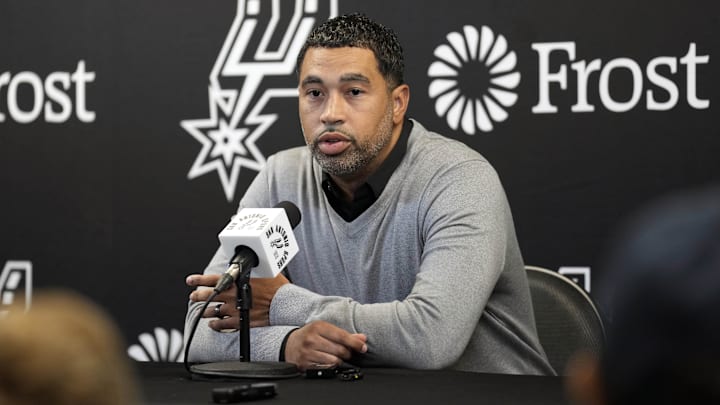 Nov 13, 2024; San Antonio, Texas, USA; San Antonio Spurs general manager Brian Wright speaks with the media about the health and absence of head coach Gregg Popovich before a game against the Washington Wizards at Frost Bank Center. Nov 13, 2024; San Antonio, Texas, USA; San Antonio Spurs general manager Brian Wright speaks with the media about the health and absence of head coach Gregg Popovich before a game against the Washington Wizards at Frost Bank Center.