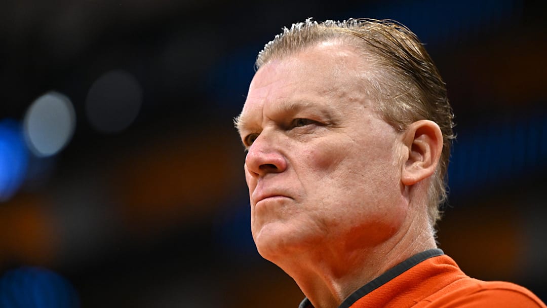 Mar 28, 2026; Houston, TX, USA; Illinois Fighting Illini head coach Brad Underwood looks on before an Elite Eight game of the South Regional of the men's 2026 NCAA Tournament against the Iowa Hawkeyes at Toyota Center. Mandatory Credit: Maria Lysaker-Imagn Images