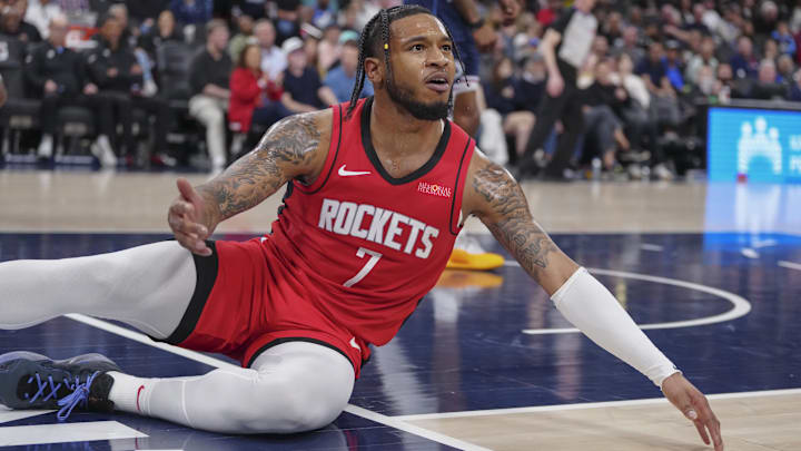 Houston Rockets guard Cam Whitmore (7) reacts after missing a shot against the Los Angeles Clippers in the second half at Intuit Dome.