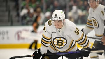 Nov 6, 2023; Dallas, Texas, USA; Boston Bruins center Matthew Poitras (51) in action during the game between the Dallas Stars and the Boston Bruins at the American Airlines Center. Mandatory Credit: Jerome Miron-USA TODAY Sports