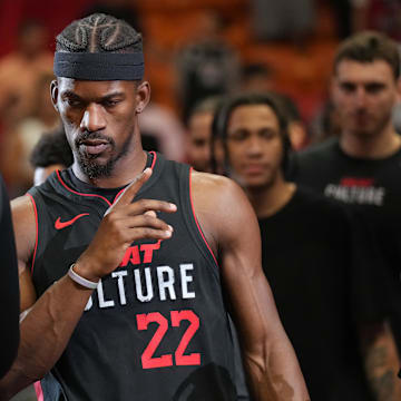 Nov 16, 2023; Miami, Florida, USA;  Miami Heat forward Jimmy Butler (22) is introduced before the game against the Brooklyn Nets at Kaseya Center. Mandatory Credit: Jim Rassol-Imagn Images