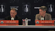 Jun 7, 2024; Sunrise, Florida, USA; Edmonton Oilers general manager Ken Holland, left, and head coach Kris Knoblauch take questions during media day in advance of the 2024 Stanley Cup Final at Amerant Bank Arena. Mandatory Credit: Jim Rassol-Imagn Images