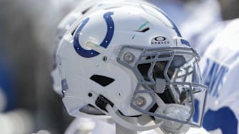 Sep 15, 2024; Green Bay, Wisconsin, USA;  General view of Indianapolis Colts helmets during the game against the Green Bay Packers at Lambeau Field. Mandatory Credit: Jeff Hanisch-Imagn Images