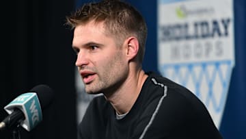 Nov 21, 2024; Spokane, Washington, USA; Washington State Cougars head coach David Riley answers questions after a game against the Eastern Washington Eagles at Spokane Veterans Memorial Arena. Washington State Cougars won 96-81. Mandatory Credit: James Snook-Imagn Images