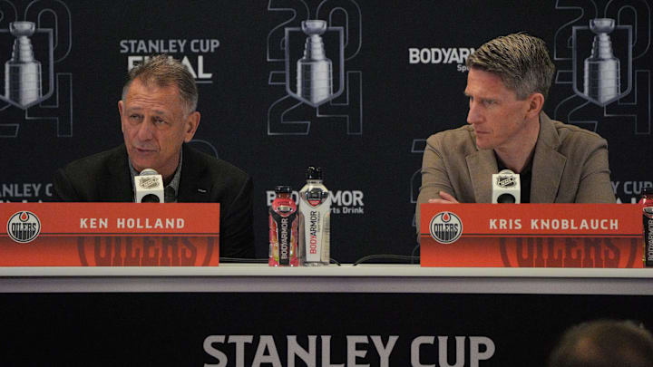 Edmonton Oilers general manager Ken Holland and head coach Kris Knoblauch take questions before the 2024 Stanley Cup Final.