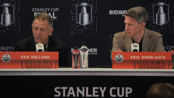 Jun 7, 2024; Sunrise, Florida, USA; Edmonton Oilers general manager Ken Holland, left, and head coach Kris Knoblauch take questions during media day in advance of the 2024 Stanley Cup Final at Amerant Bank Arena. Mandatory Credit: Jim Rassol-USA TODAY Sports