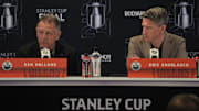 Jun 7, 2024; Sunrise, Florida, USA; Edmonton Oilers general manager Ken Holland, left, and head coach Kris Knoblauch take questions during media day in advance of the 2024 Stanley Cup Final at Amerant Bank Arena. Mandatory Credit: Jim Rassol-Imagn Images