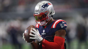 Oct 1, 2023; Arlington, Texas, USA; New England Patriots wide receiver Kendrick Bourne (84) catches a pass in warmups before the game against the Dallas Cowboys at AT&T Stadium. Mandatory Credit: Tim Heitman-USA TODAY Sports
